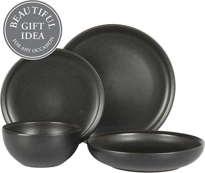 Gibson Elite Beckett Stoneware Matte Reactive Glaze 16 Piece (Service for 4) Plates and Bowls Dinnerware Set - Black