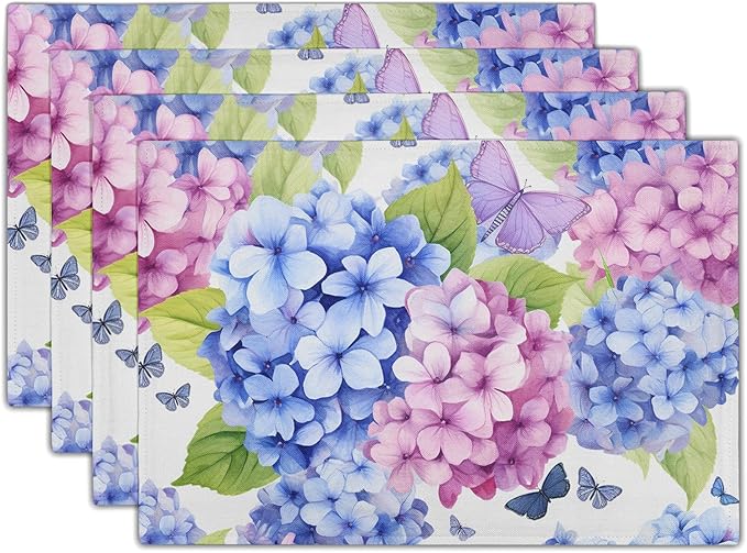 Hydrangea Placemats Set of 4 - Floral Place Mats 12 x 18 Inch Pink Purple Hydrangea Flower Table Mats Spring Summer Butterflies Placemats for Dining Kitchen Party Farmhouse