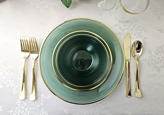 " OCCASIONS " 240 Plates Pack,(120 Guests) Premium Wedding Party Disposable Plastic Plates Set -120 x 10'' Dinner + 120 x 7'' Salad/Dessert (Belize in Green & Gold)