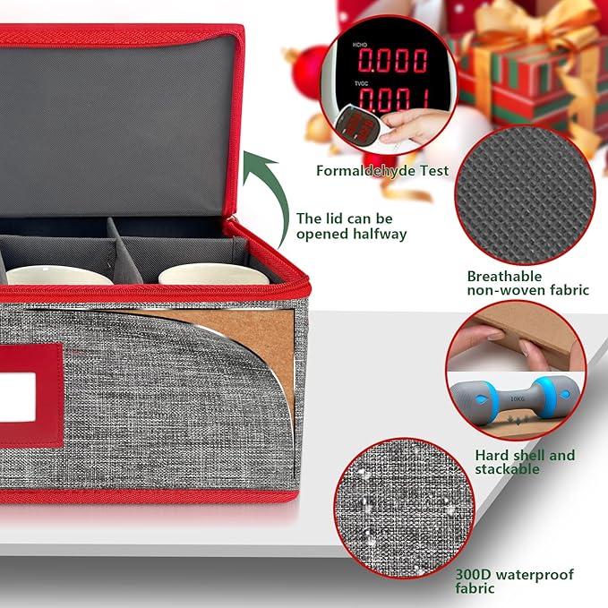 VERONLY Christmas Cup Mug Storage Box with Dividers, China Storage Case Hard Shell Stackable with Lid and Handles for 12 Coffee Mugs and Tea Cups (Grey and Red)
