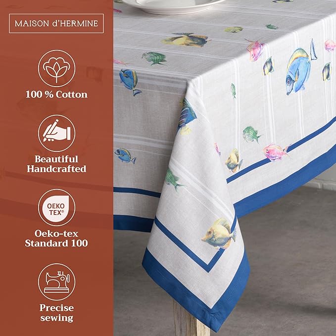 Maison d' Hermine Table Cloth Square Table 100% Cotton 60 x 60 Inches Tablecloth Reusable Decorative for Dining Room Farmhouse Home Valentines Day Decorations Spring Summer - Poisson
