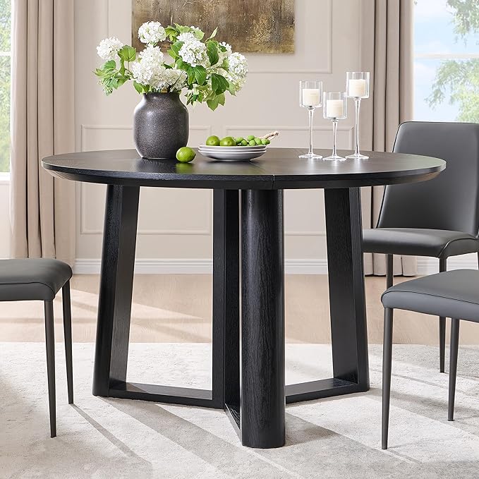 OKD 47" Dining Table for 4-6, Round Dining Room Table with Triangular Structure Pedestal Stable Base, Curved Table Edge, Circle Kitchen Tables for Dining Room, Kitchen, Black Oak