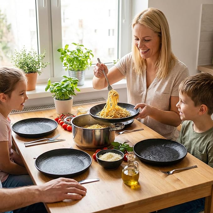 16 Pieces Large Deep Plastic Plates, 9 Inch Unbreakable Dinner Plates Reusable Lightweight Dishes, BPA Free Flat Round Dinnerware Microwave Dishwasher Safe for Kitchen Camping Picnic