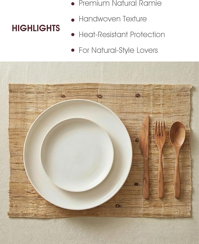 Handmade Ramie Woven Table Placemats Set of 6 (12"x18"),Natural Fiber Heat-Resistant Table Protectors for Family Dinners & Gatherings,Elevate Your Tabletop with Eco-Friendly Style