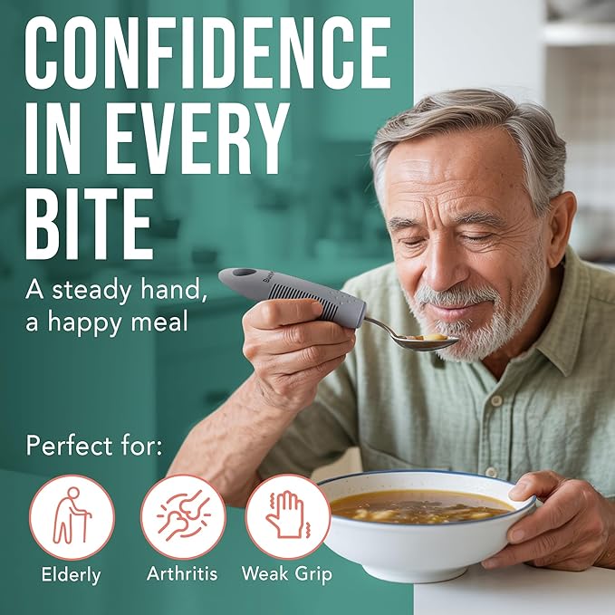BUNMO Adaptive Utensils for Elderly, Tremors & Weak Hand Grips – 4pc Lightweight Assistive Silverware Set with Foam Easy Grip Handles – Discreet Canvas Travel Wrap – Dishwasher Safe