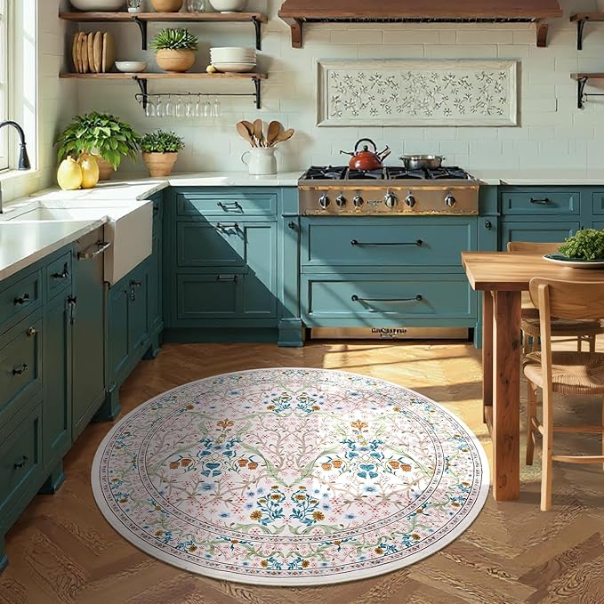 GarveeHome Pink Floral 6 ft Round Rug Washable Non-Slip Soft Low Pile Circle Carpet Vintage Rugs for Kitchen Bedroom Nursery Dining Living Room