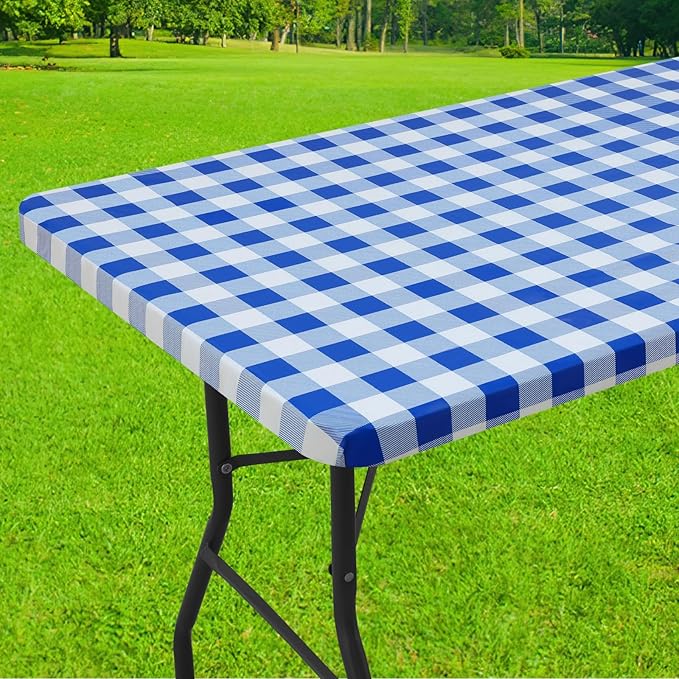 Smiry Rectangle Picnic Table Cloth, Elastic Waterproof Fitted Vinyl Tablecloths, Flannel Backed Buffalo Plaid Table Covers for Dining, Camping, Outdoor (White and Blue, 30" x 48")