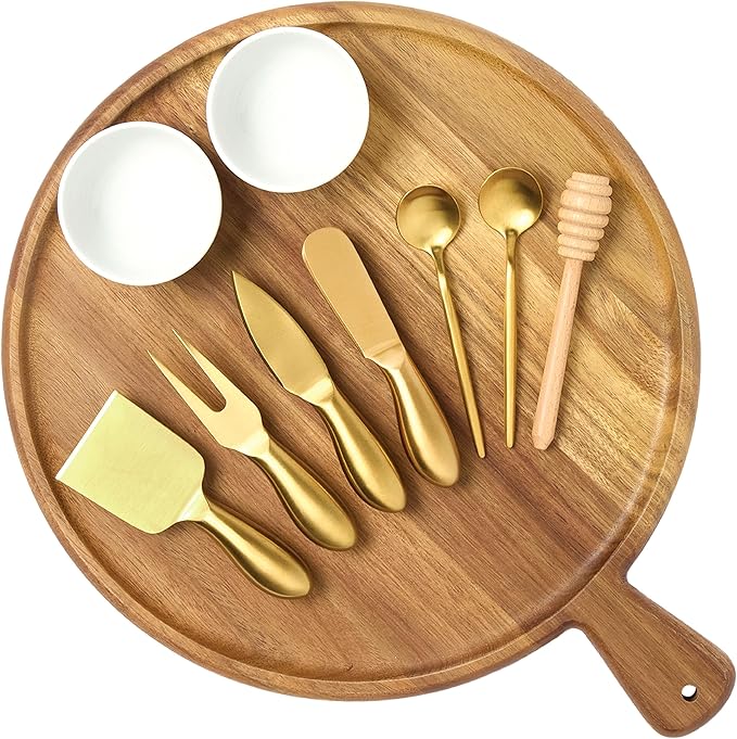 Charcuterie Board Set - Round Acacia Cheese Board Serving Tray with Accessories - House Warming Gifts for New Home, Bridal Shower & Wedding Gift, Birthday Gifts for Women