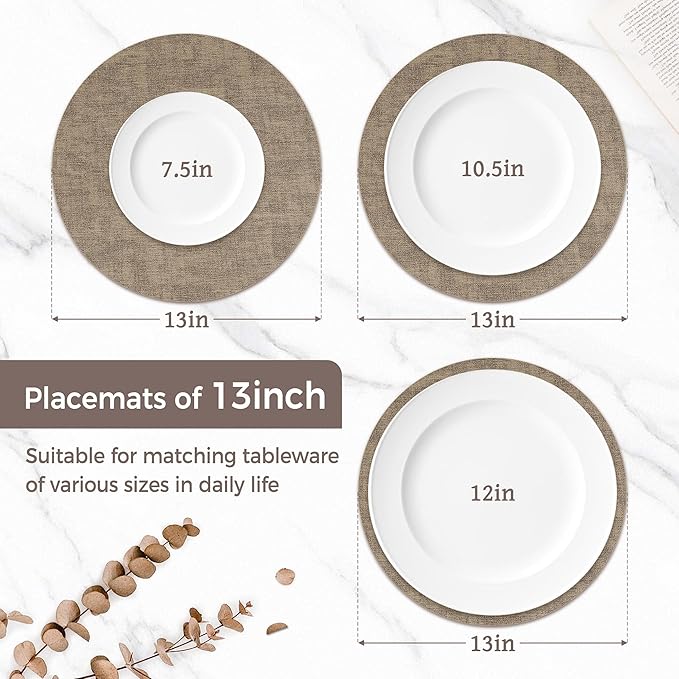 13" Round Placemats Set of 8, Reversible Faux Leather Heat Resistant Table Mats, Waterproof Oilproof Wipeable Table Protective Placemats for Vinyl, Washable for Indoor & Outdoor Use (8, Light Coffee)