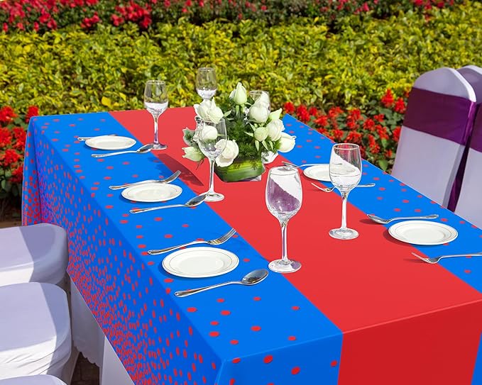 Oudain 6 Pcs Blue and Red Tablecloth for Parties Plastic Dot Tablecloths Printed Table Runner Waterproof Disposable Rectangle Table Cover for Christmas Birthday Wedding Party, 54" x 108"