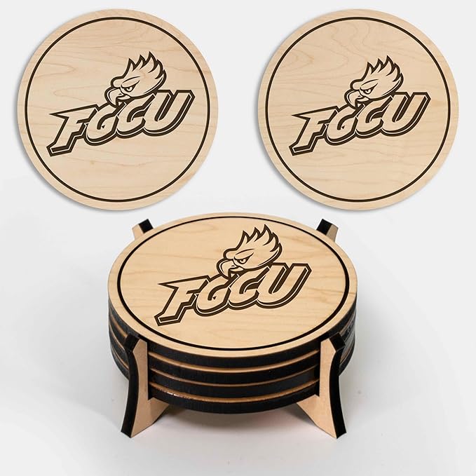 LazerEdge Florida Gulf Coast Eagles Wooden Coaster Set - Maple Wood - Officially Licensed Product - 4-Pack