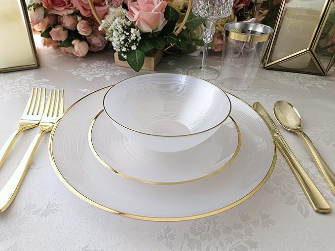 " OCCASIONS " 240 Plates Pack,(120 Guests) Premium Wedding Party Disposable Plastic Plates Set -120 x 10'' Dinner + 120 x 7'' Salad/Dessert (Belize in White Pearl & Gold)