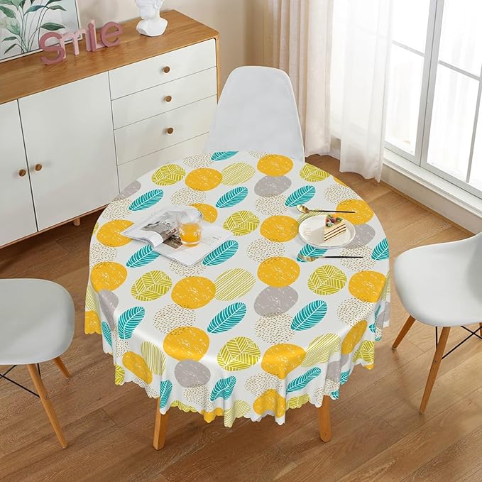 Laeacco 24 Inch Geometric Round Tablecloth Colorful Abstract Oval Leaf Pattern Modern Art Print Table Cloth Washable Waterproof Wrinkle Free Table Cover for Kitchen Dining Picnic Party Decoration