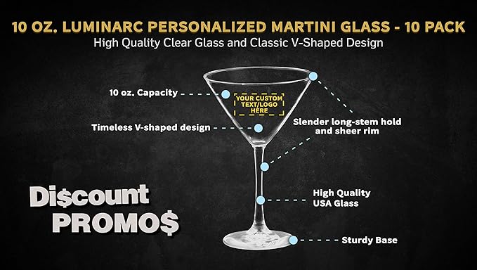 Custom Martini Glasses by ARC 10 oz. Set of 10, Personalized Bulk Pack - Perfect for Hotel, Bar, Restaurant or Lounge - Clear