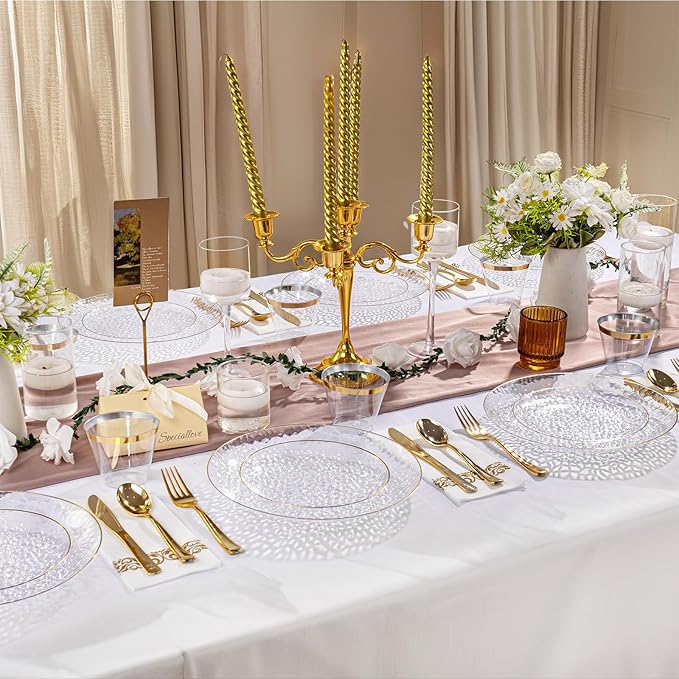 DaYammi 100 Pcs Gold Plastic Plates - 10 inch Clear Gold Dinner Plates Plastic Plates Disposable - Hammer Pattern Design - Fancy Disposable Plate - Heavy Duty Party Plate Ideal for Wedding