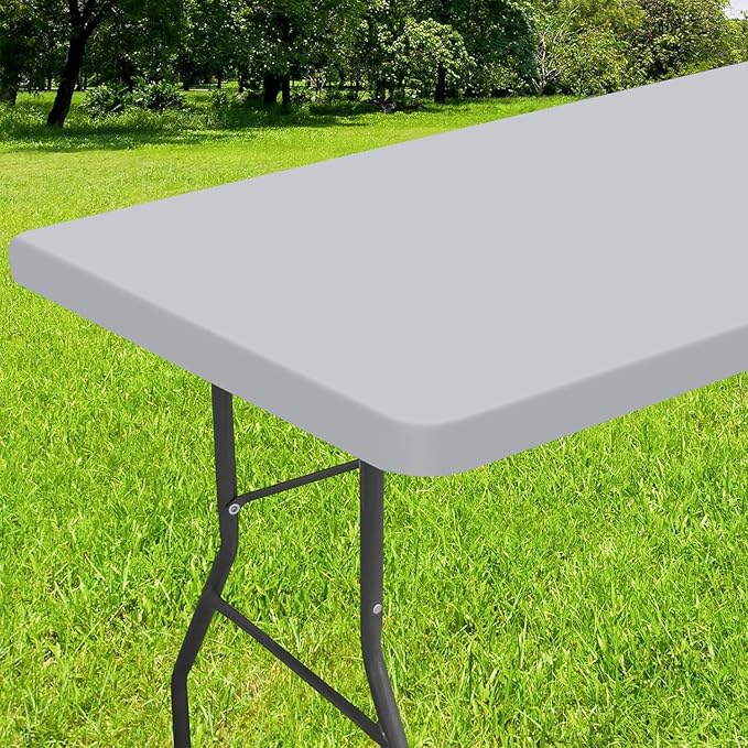 Smiry Rectangle Tablecloth, Elastic Fitted Flannel Backed Vinyl Tablecloths for 6ft Folding Tables, Waterproof Wipeable Table Covers for Indoor, Outdoor, Picnic and Camping (Light Grey, 30"x72")
