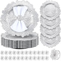 Dandat 48 Pcs Charger Plate Bulk 13'' Floral Reef Plates with Napkin Ring Plastic Dinner Charger Hollow Out Flower Napkin Holder Plastic Plate for Table Setting Wedding Party (Silver)
