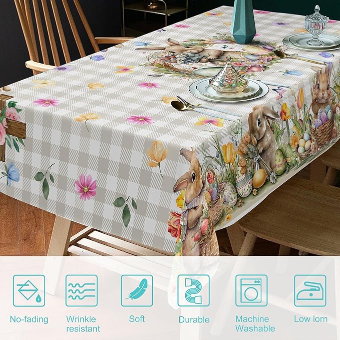 Easter Tablecloth Round 70 Inch, Easter Bunny Table Cloth Buffalo Check Plaid Kitchen Table Cover for Dining Room Spring Round Tablecloth Indoor Decor