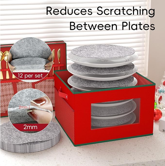 VERONLY China Storage Containers 2-Pack for Christmas and Holiday Dishes, Hard Shell Stackable Box with Felt Dividers, Holds 24 Fine Dinner Plates,Red