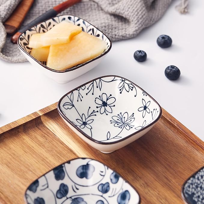 Japanese Style Ceramic Dipping Bowl,3.3'' Small Soy Sauce Dish for Condiments,Blue and White Small Bowl for Ketchup Stackable Side Dish Ramekins- Set of 6 (3.3 inch)
