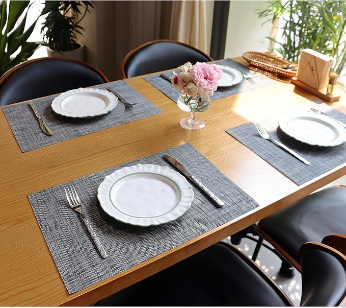 Placemats Set of 4,Heat Resistant Non-Slip Table Mats,Place mats for Dining Table,Washable Durable PVC Vinyl Woven Placemat（Dark Gray）