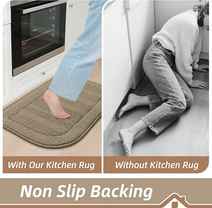 BEQHAUSE 30x18 Inch Kitchen Rug Mat Durable Kitchen Rugs Non-Slip Washable Absorbent Kitchen Mats for Floor Dirt-Resistant Semicircular Kitchen Mat (Beige)