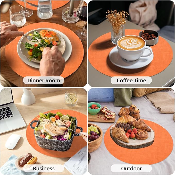 15 inch Faux Leather Round Placemats Set of 4 Non-Slip Washable Wipeable Table Mats, Heat Resistant Waterproof Oilproof Orange Place Mats for Kitchen, Dining, Party, Indoor, Outdoor