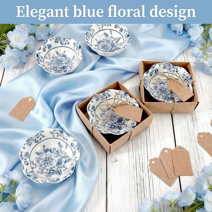 96 Pcs Wedding Favors for Guests Small Ceramic Bowl Bulk Gifts Set 3.3 Inch Floral Design Mini Dipping Sauce Dish with Card Box for Bridal Pooja Baby Shower Birthday Guest Gift (Blue)