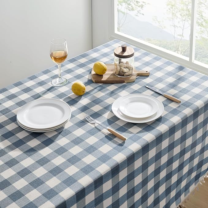 Softalker Checkered Tablecloth Rectangle, Outdoor Linen Cotton Gingham Table Cloth with Tassel, Heavy Duty Wrinkle Free Buffalo Plaid Table Cover for Kitchen Dining Home Party - 55 x 120 Inch, Blue
