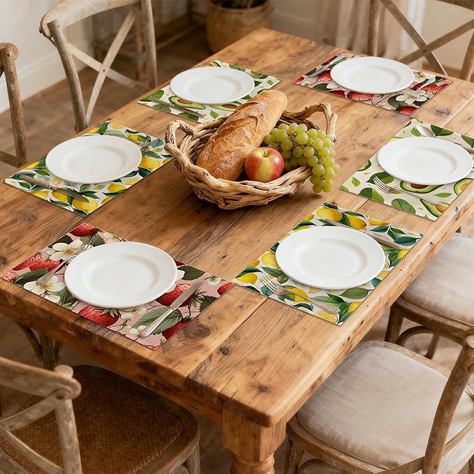 Tropical Fruit 12x18 Inch Placemats Set of 6 - Waterproof, Non-Slip & Washable Boho Colorful Table Mats for Kitchen & Dining Table Placemats