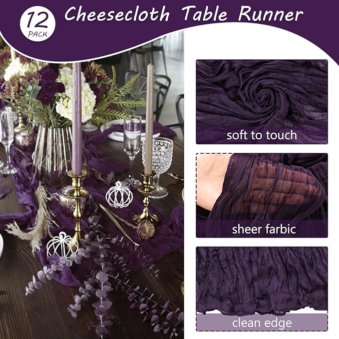 12 Pack 10Ft Cheesecloth Table Runner 35x120 Inch Boho Gauze Table Runner Rustic Cheese Cloth Long Romantic Table Runners for Wedding Bridal Shower Birthday Party Table Decor (Dark Purple)