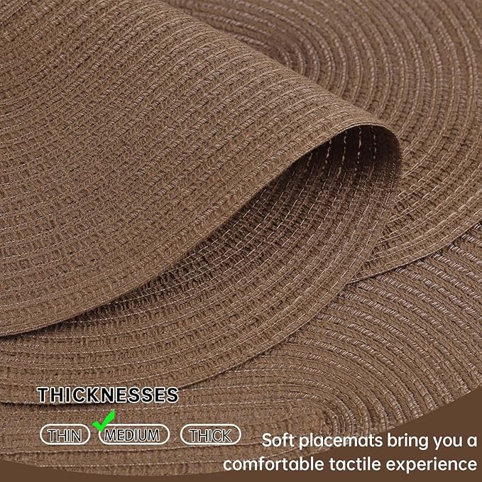 Noctiflorous Oval Braided Placemats Set of 6 Woven 12x18 Inch Non Slip Washable Heat Resistant Place Mats Round Tablemats for Dining Kitchen Party Daily Table Decor Dinner Mats (Solid Brown, 6)