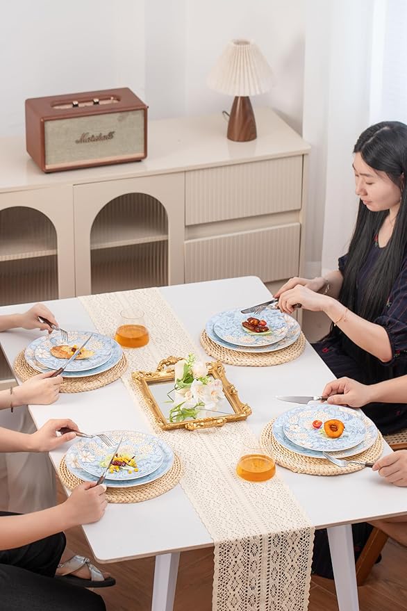High Bone China Dinnerware Set, 12-Piece Artistic Blue Plates and Bowls, Lightweight & Chip Resistant Ceramic Service for 4, Dishwasher Safe Elegant Kitchen Dining