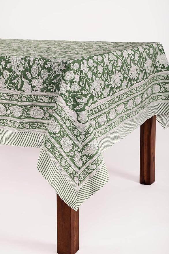 ATOSII Meraki Green 100% Cotton Fall Tablecloth, Handblock Print Rectangle Table Cover for Kitchen Dining Linen I Parties, Thanksgiving, Christmas, Wedding, Table Cloth I 72 X 108 Inches I 8 Seater