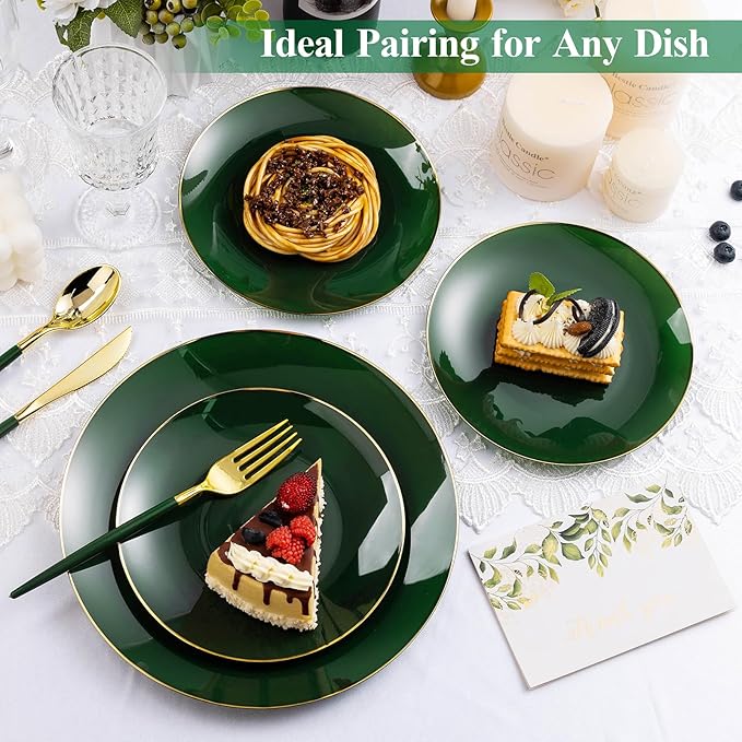 100 PCS Green Gold Plastic Plates, 7 inch Green Disposable Plates for Party, Disposable Dessert Plates for Party, Graduation, Birthday, Wedding