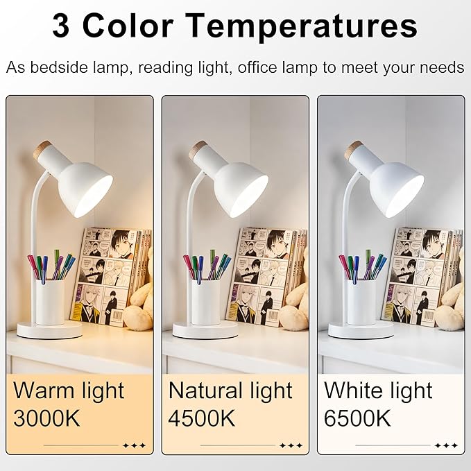 WLHONG LED Desk Lamp, Table Lamps with Pen Holder, 3 Color Modes Eye-Caring Reading Light with Flexible Gooseneck, Study Lamp for Kids Bedside Home Office Room College Dorm Essentials (White)