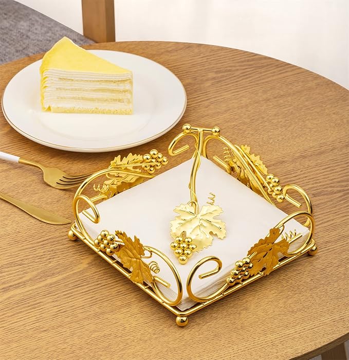 Flat Napkin Holder for Table Gold With Weight Arm for Kitchen Courtertops Dinning Table Grape Leaf Modern Tissue Dispenser Stainless Steel Gilding (7" L X 7" W X 2.5" H)