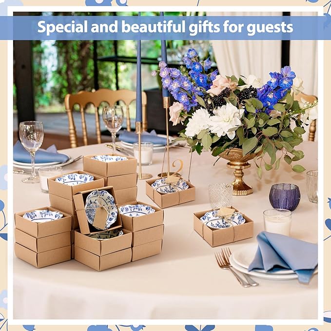 24 Pcs Wedding Favors for Guests Small Ceramic Bowl Bulk Gifts Set 3.3 Inch Floral Design Mini Dipping Sauce Dish with Card Box for Bridal Pooja Baby Shower Birthday Guest Gift (Blue)
