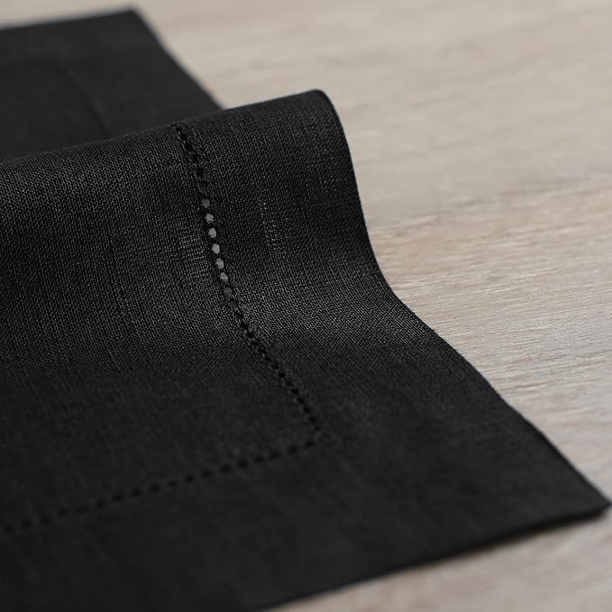 Solino Home Black Linen Napkins Set of 6-100% Pure Linen Hemstitch Dinner Napkins 20 x 20 Inch for Winter, Spring, Easter - Classic Hemstitch