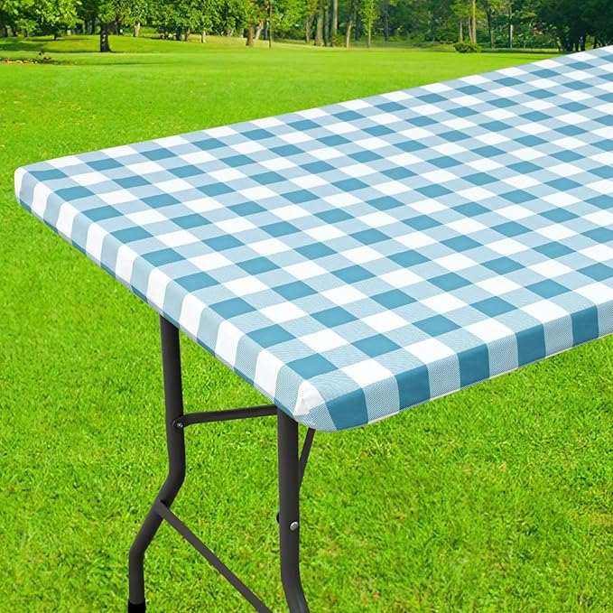 Smiry Rectangle Picnic Table Cloth, Elastic Waterproof Fitted Vinyl Tablecloths, Flannel Backed Buffalo Plaid Table Covers for Dining, Camping, Outdoor (White and Aqua, 36" x 60")