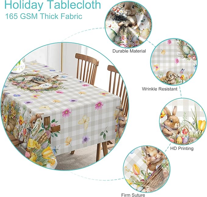 Easter Tablecloth 60 x 84 Inch Rectangle, Easter Bunny Table Cloth Buffalo Check Plaid Kitchen Table Cover for Dining Room Spring Oblong Tablecloth Indoor Decor