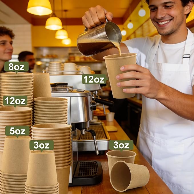 12 oz 200 Pack Disposable Coffee Cups, Bulk Brown Disposable Paper Cups, Coffee Cups for Hot Tea, Chocolate and Cold Drinks