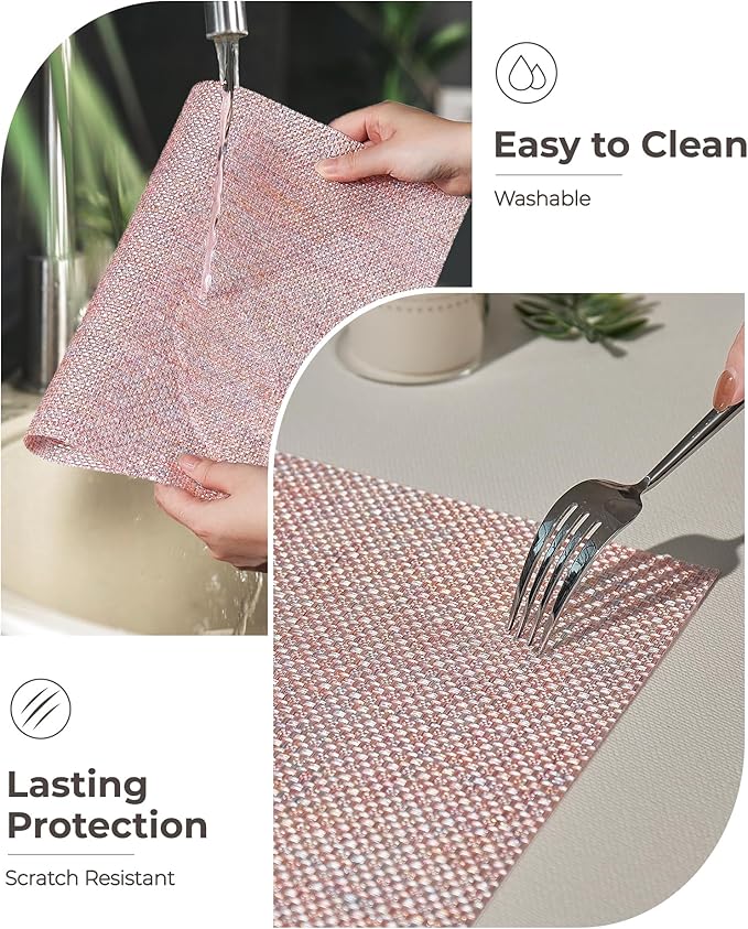 Leetaltree Luxury Pink Iridescent Placemats Set of 6 - Waterproof Washable for Wedding, Anniversary, Festive and Daily Use - Sparkling Table Mats Table Decor - Hand-Cut