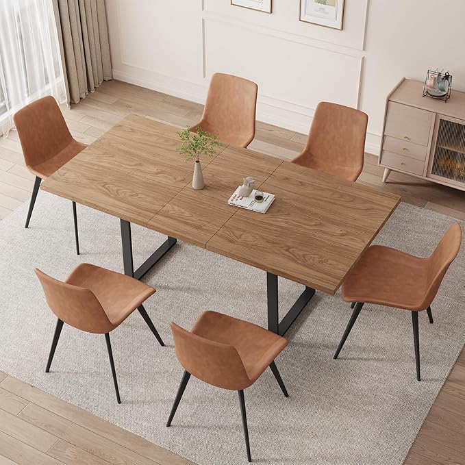 ZckyCine Expandable Walnut Dining Table, 67" to 51" Extendable Rectangular Table with Thickened Top and Metal U-Shaped Legs, Modern Wood Dining Table for Kitchen Dining Room