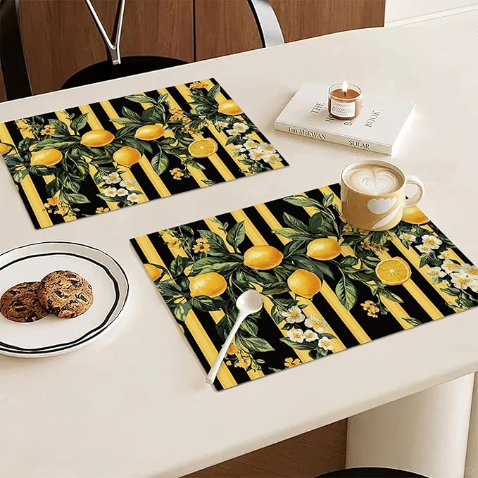 Lemon Placemats Set of 4, Yellow Lemon Place Mats, Fruit Waterproof Washable Table Mats for Home Party Indoor Kitchen Dining Table Decoration 12x18 Inch