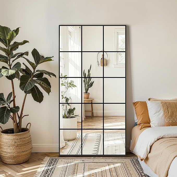 Large Window Pane Full Length Mirror for Wall, 55"x28" Black Rectangular Wall Mirror for Living Room, Bedroom, Entryway, Hanging or Leaning