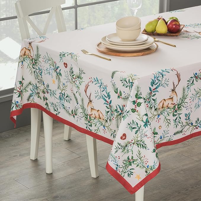Maison d' Hermine Table Cloth Rectangle Table 100% Cotton 70 x 90 Inches Fall Tablecloth Reusable Everyday Use for Thanksgiving Christmas Decorations Dining Farmhouse Party (Holly Time)