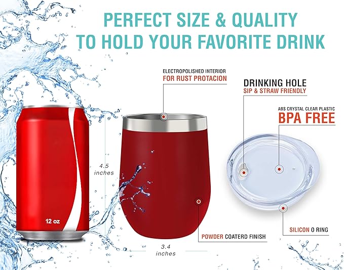 CHILLOUT LIFE 12 oz Stainless Steel Wine Tumblers 2 Pack - Double Wall Vacuum Insulated Wine Glasses Cups with Lids and Straws Set Keeping Cold & Hot for Coffee, Beer, Ice Cream - Powder Coated Red