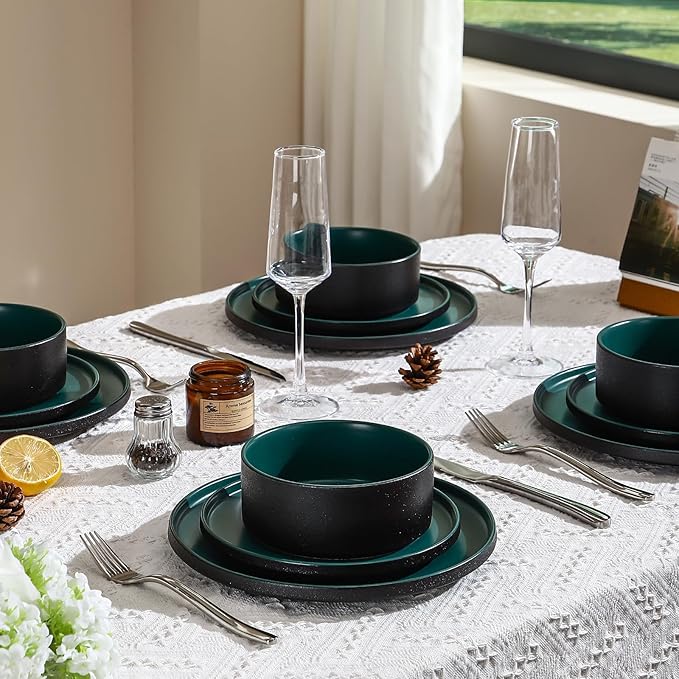GZG Classic Series - Plates and Bowls Set for 8, 24 Piece Stoneware Dinnerware Sets, Microwave and Dishwasher Safe Lead-Free Handcrafted Ceramic Dishes Set - Malachite Green