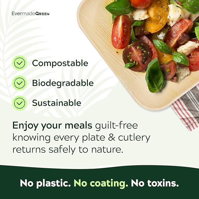 Bamboo Plates with Cutlery - Set of 50 Plates (8in) + 50 Forks + 50 Knives | Biodegradable Palm Leaf Plates | Disposable Dinner Plates | Rustic Dinnerware for Christmas, Wedding, Party